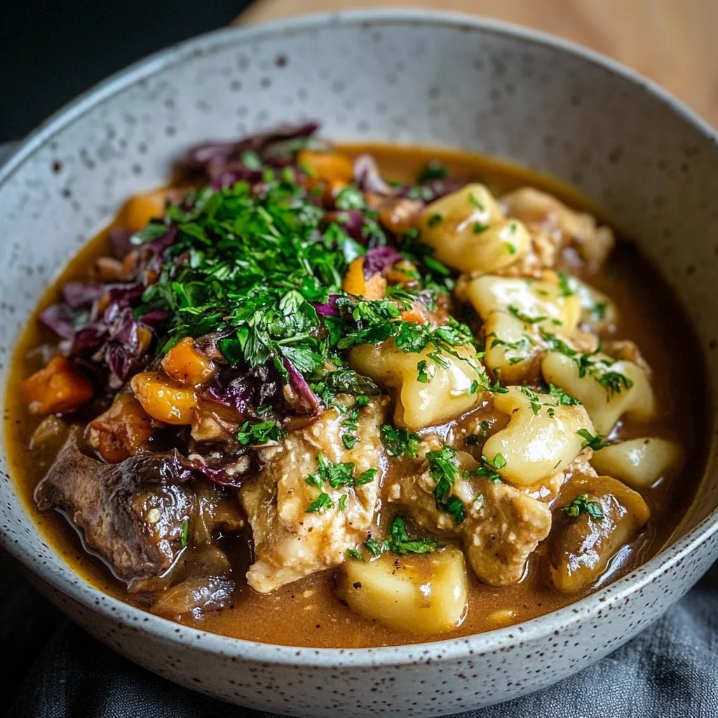 Herzhaftes Pilz-Maronen Ragout mit Ofenknödeln und Rotkraut