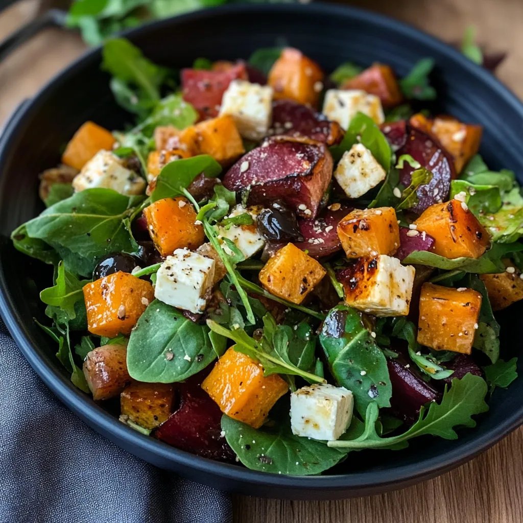 Winterlicher Salat mit Bacon, Feta, Süßkartoffel, Kichererbsen und Balsamico Dressing